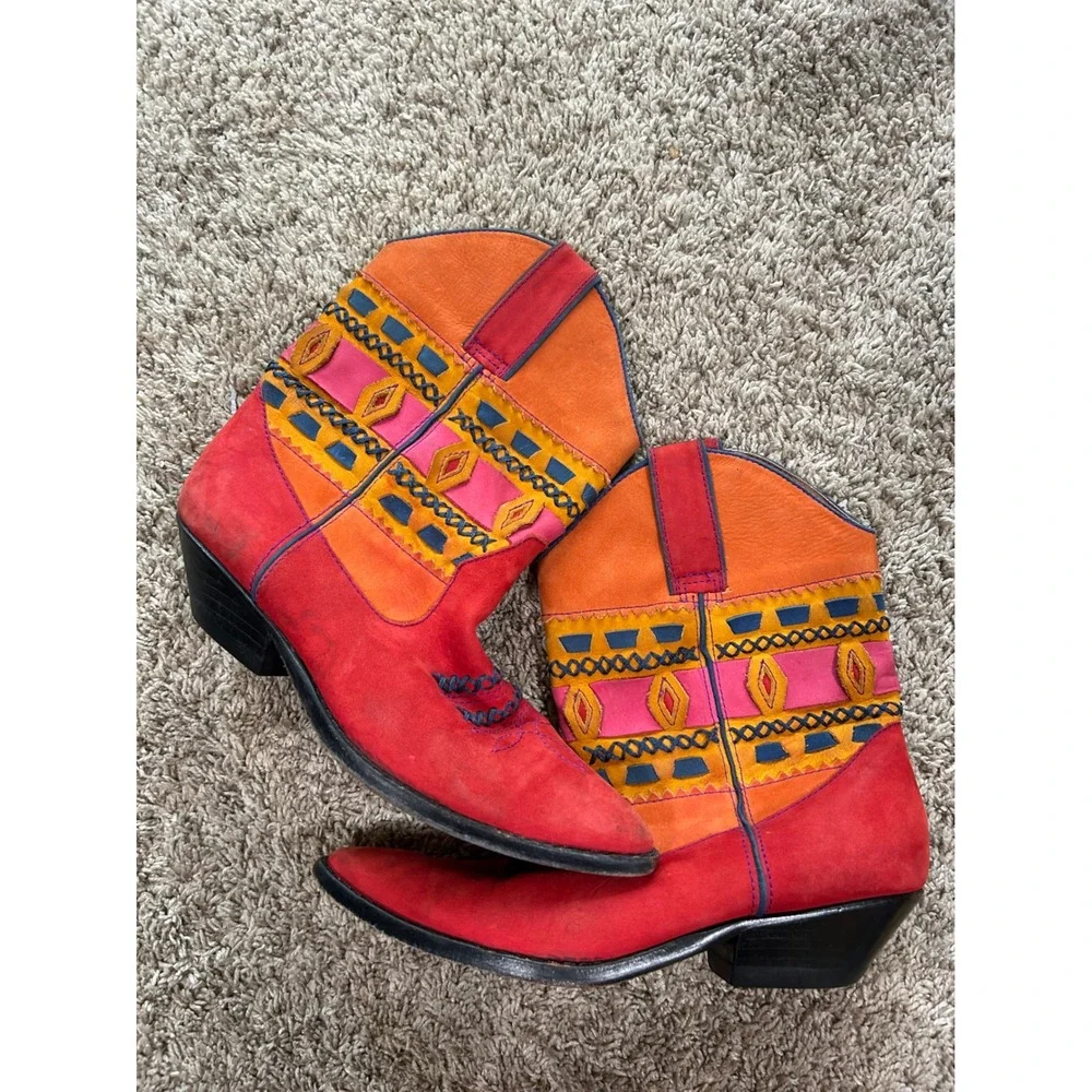 Womens Red Orange Embroidered Western Boho Festival Cowboy Boots Retro Tribal 7M - Picture 8 of 10